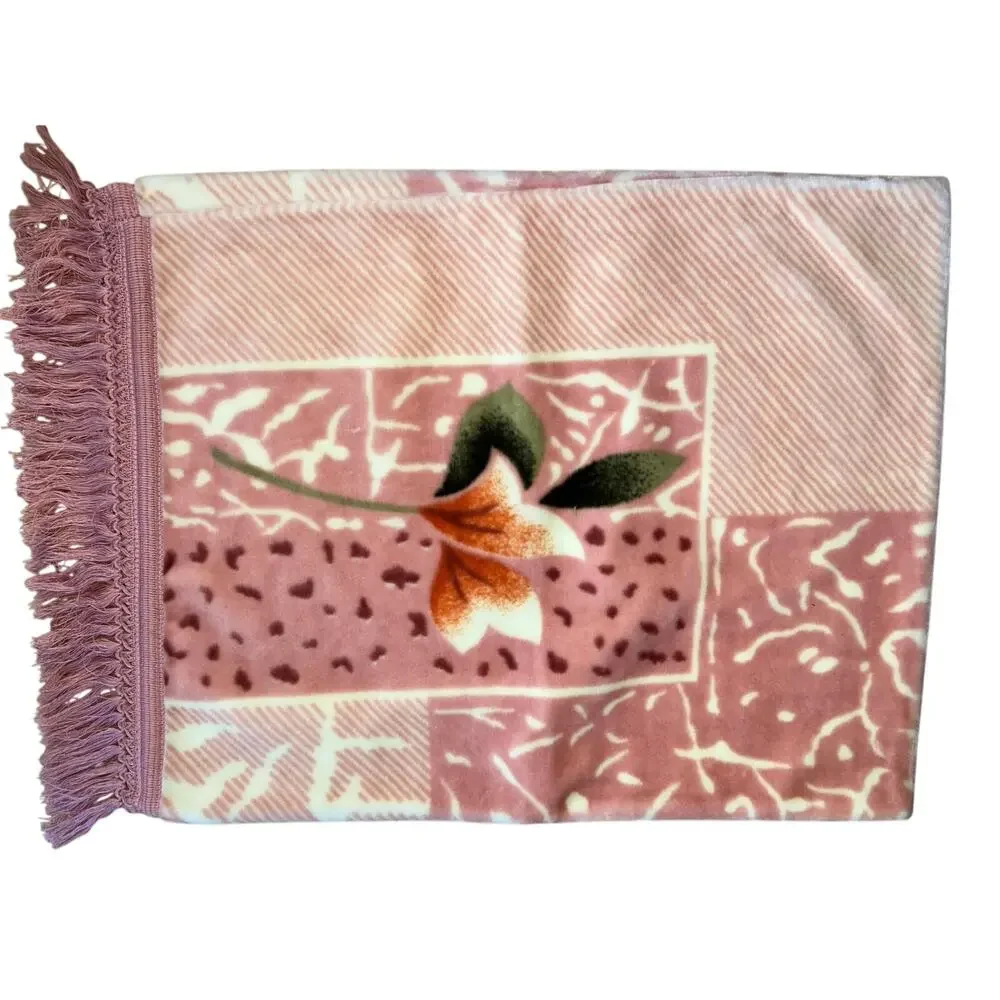 2 Vintage Korean minky blanket pillow shams fringe pink roses